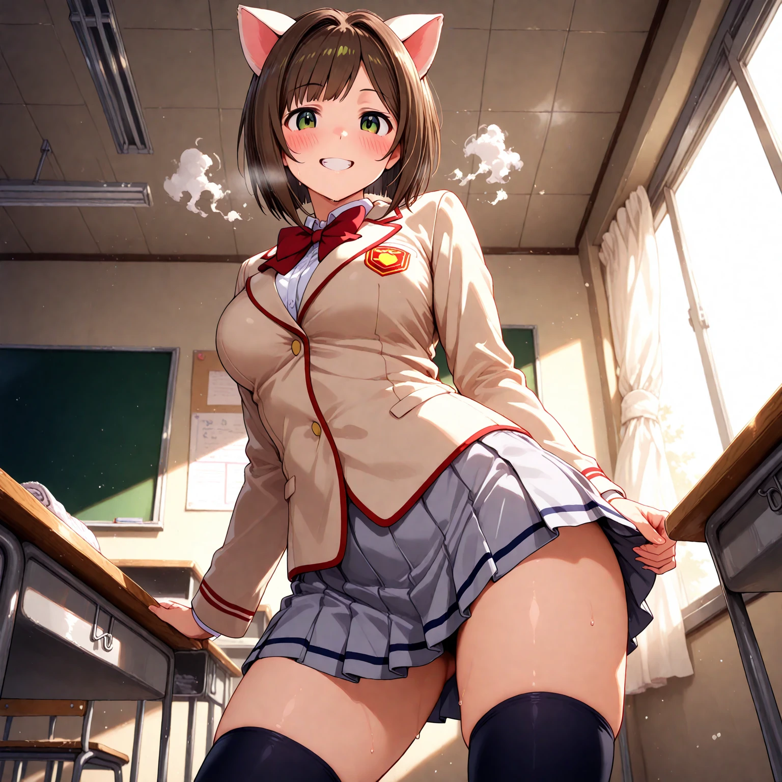 Highest quality, Super detailed, masterpiece, Ultra-high resolution, 8k, Ridiculous, Cowboy Shooting, One girl, Focus on the girl, Embarrassing, blush, Lovely, With tears in her eyes and her mouth open, drooling, Wet skirt hem, (Sticky panties:1.1), (Light blue striped underwear),  [1girl, daiwa scarlet \(umamusume\), umamusume], (medium breasts), (school uniform), (cleavage), Sit on a chair, Classroom Background, (black stockings), (Thighs), (Waistline)