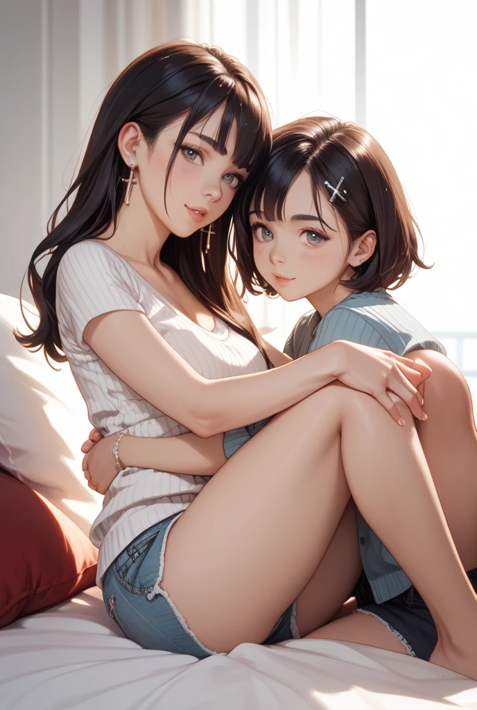 1girl,15 years old,(loli:1.2),(small brests:1.2),(skinny:1.2),high school student,beautiful girl,(short ponytails:1.2),akb48,nogizaka46, sitting sofa,(fullnude:1.5),pussy,smile,open legs,book,pc,bag,sex toy,looking at pussy,talking,A good friend,eye contact,yuri,female masturbation,pussy juice,vulgarity,(sweat:1.2),(orgasm:1.2),,(touch each other's crotch:1.4),