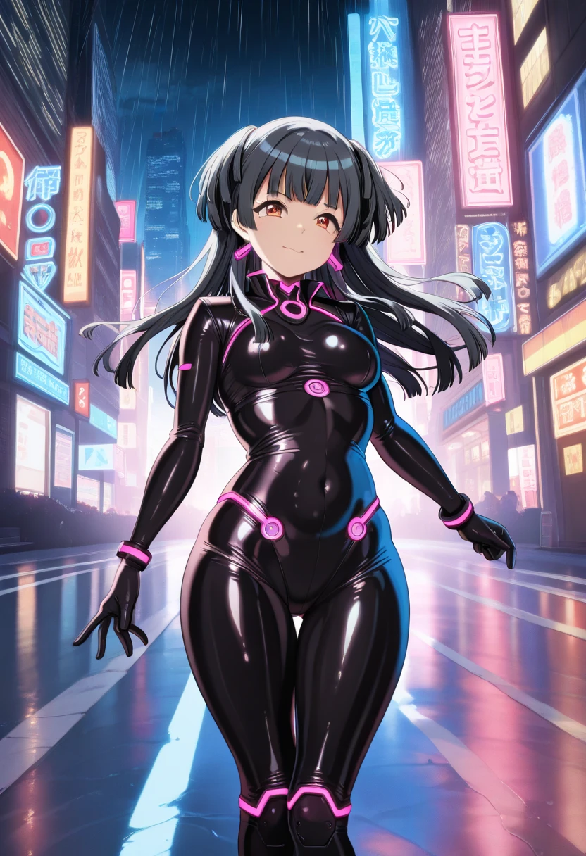 (Highest quality、Masterpiece、Very detailed、4K)、One woman、19 years old、Pink and black hair、Bodysuits、navel、Thighs、side、smile、(front)