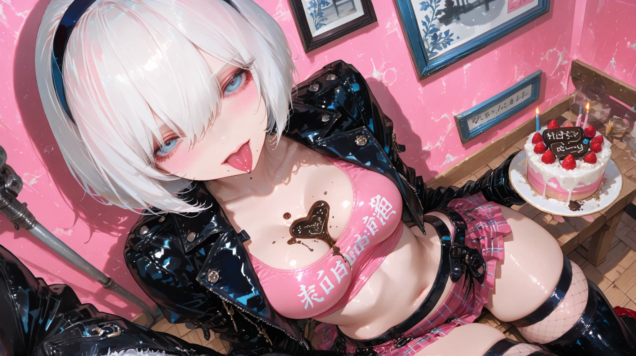 2B (Nier Automata) a beautiful youth woman in a provocative pose, wearing a black latex outfit with blue accents. the image also shows a woman standing in the middle of the frame, facing the viewer with a seductive expression, with her tongue sticking out and her eyes looking directly at the viewer. she has short white hair and is wearing black thigh-high stockings and a black leather jacket that is open, revealing her medium breasts and navel. wearing a revealing pink outfit with a plunging neckline and a short plaid skirt, sitting on a wooden floor in the middle of the image. the woman, who appears to be in her mid-twenties, Melted chocolate between breasts, is wearing a pink crop top with a cutout design, fishnet stockings, and red high heels. her facial expression is neutral, and the room has pink walls and a large window with white trim. 1girl, solo, unrivaled beauty, fit female, Decorate with sweets , Cake, honey river, black hairband, blue eyes, blush, skin tight, fullbody, bangs, hair between eyes, hairband, juicy lips, looking at viewer, mole, mole on breast, mole under mouth, pov, gluteal fold, inexpressive, shiny skin, long eyelashes, porcelain skin, bubble , vivid eyes, beautiful eyes, beautiful face, beautiful hair, skindentation , thighs, (shadows:1.2), (masterpiece, best quality:1.3), (absurdres absolutely resolution), (detailed beautiful face and eyes), (detailed illustration), (super fine illustration),