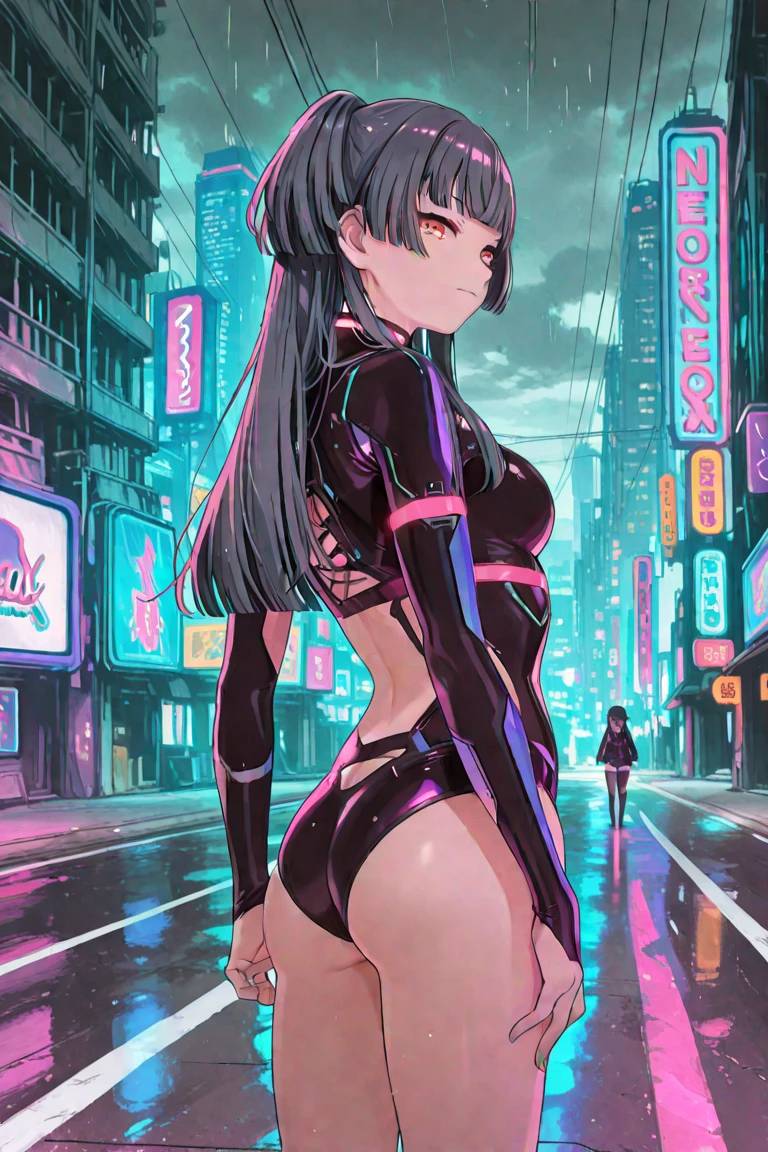 Blurry photo of city street at night with neon sign, Tokyo street background, neon tokyo, japanese city at night, tokyo streets, tokyo akihabara street cityscape, Shinjuku, the background is blurred, night life, japanese neon signs, in tokyo at night, japanese downtown, blurry photo, tokyo prefecture, deblur, Japan at night, sporty girl with Asian features,(((1girl))),((girl with dark hair and turquoise highlights,)), (large breasts:1.4),saggy breasts,(((Black hair with turquoise streaks:1.35,straight hair,long hair:1.4,colored inner hair,ear breathing))),(((heterochromia:1.5,eye1 blue,eye2 turquoise))),intricate eyes,beautiful detailed eyes,symmetrical eyes,((fat)),(((lustrous skin:1.5,bright skin: 1.5,skin tanned,shiny skin,very shiny skin,shiny body,plastic glitter skin,exaggerated shiny skin,illuminated skin, wet legs))),(spider lower abdomen,narrow waist,wide hip,athletic body,inflated legs,delicate detailed fingers,detailed body,detailed arms,human hands,(detailed face)), cute,slutty,seductive,erotic,(((nsfw))), ((one-piece_swimsuit magenta,wearing a one-piece_swimsuit outfit:1.3,magenta swimsuit:1.3)),((wet clothes,intricate outfit,intricate clothes)), (dynamic pose:1.0),embarrassed,(centered,scale to fit dimensions,Rule of thirds), cyberpunk city by the ocean at night, with bright neon signs and dark stormy clouds and puddles, scenery:1.25, highres, sharp focus, (ultra detailed, extremely detailed), (photorealistic artwork:1.37),(extremely detailed CG unity 8k wallpaper),((synthwave background theme)),(((vibrant colors))),(intricate background),(masterpiece),(best quality),