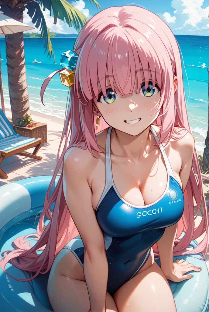 best quality, very aesthetic, Super detailed, best illustration, 1girl, おっぱい, pink_hair, school swim suit, kneehighs, smile