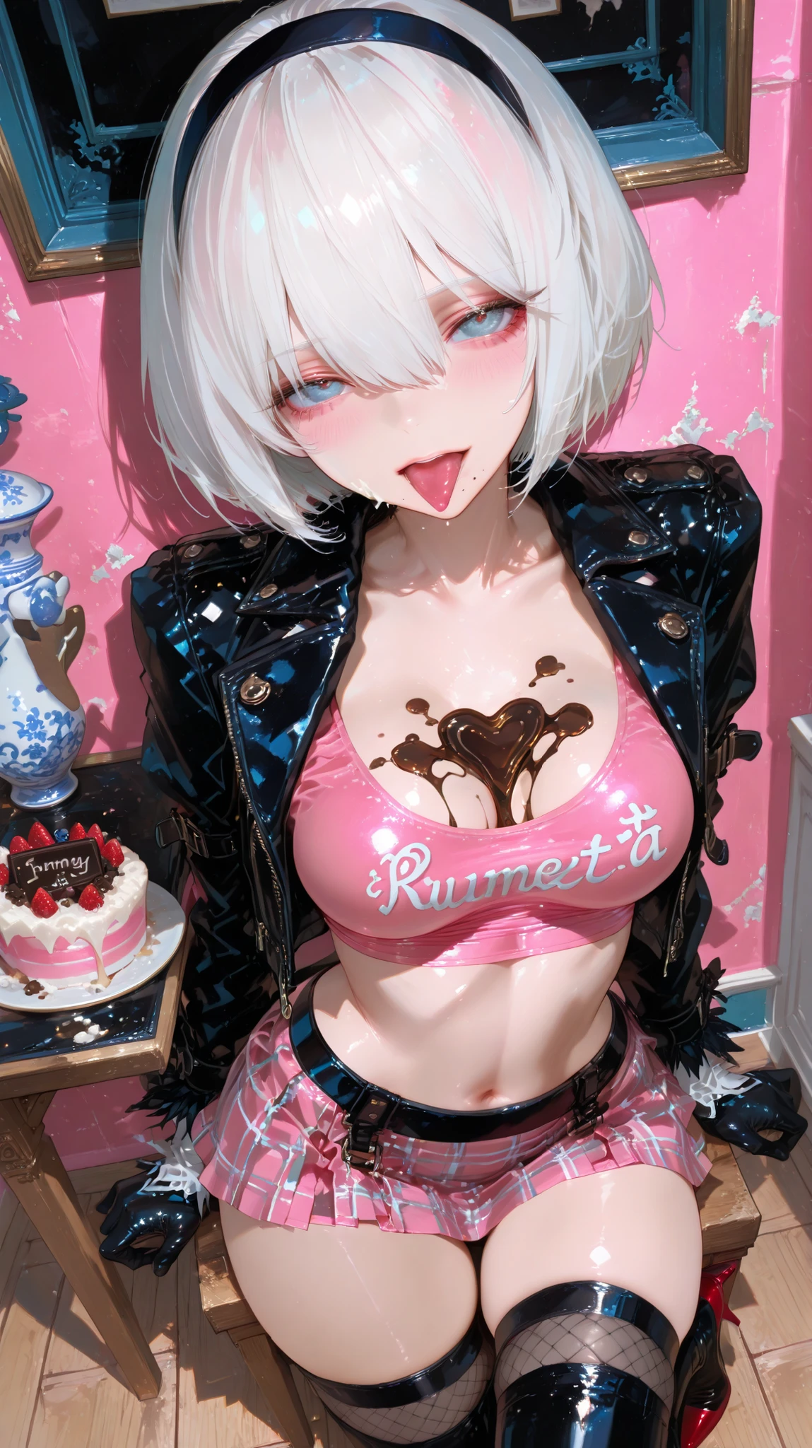 2B (Nier Automata) a beautiful youth woman in a provocative pose, wearing a black latex outfit with blue accents. the image also shows a woman standing in the middle of the frame, facing the viewer with a seductive expression, with her tongue sticking out and her eyes looking directly at the viewer. she has short white hair and is wearing black thigh-high stockings and a black leather jacket that is open, revealing her medium breasts and navel. wearing a revealing pink outfit with a plunging neckline and a short plaid skirt, sitting on a wooden floor in the middle of the image. the woman, who appears to be in her mid-twenties, Melted chocolate between breasts, is wearing a pink crop top with a cutout design, fishnet stockings, and red high heels. her facial expression is neutral, and the room has pink walls and a large window with white trim. 1girl, solo, unrivaled beauty, fit female, Decorate with sweets , Cake, honey river, black hairband, blue eyes, blush, skin tight, fullbody, bangs, hair between eyes, hairband, juicy lips, looking at viewer, mole, mole on breast, mole under mouth, pov, gluteal fold, inexpressive, shiny skin, long eyelashes, porcelain skin, bubble , vivid eyes, beautiful eyes, beautiful face, beautiful hair, skindentation , thighs, (shadows:1.2), (masterpiece, best quality:1.3), (absurdres absolutely resolution), (detailed beautiful face and eyes), (detailed illustration), (super fine illustration),