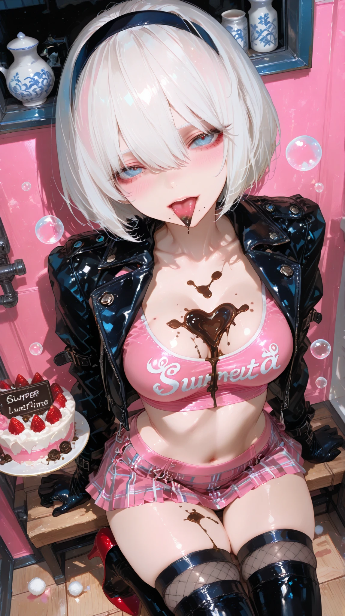 2B (Nier Automata) a beautiful youth woman in a provocative pose, wearing a black latex outfit with blue accents. the image also shows a woman standing in the middle of the frame, facing the viewer with a seductive expression, with her tongue sticking out and her eyes looking directly at the viewer. she has short white hair and is wearing black thigh-high stockings and a black leather jacket that is open, revealing her medium breasts and navel. wearing a revealing pink outfit with a plunging neckline and a short plaid skirt, sitting on a wooden floor in the middle of the image. the woman, who appears to be in her mid-twenties, Melted chocolate between breasts, is wearing a pink crop top with a cutout design, fishnet stockings, and red high heels. her facial expression is neutral, and the room has pink walls and a large window with white trim. 1girl, solo, unrivaled beauty, fit female, Decorate with sweets , Cake, honey river, black hairband, blue eyes, blush, skin tight, fullbody, bangs, hair between eyes, hairband, juicy lips, looking at viewer, mole, mole on breast, mole under mouth, pov, gluteal fold, inexpressive, shiny skin, long eyelashes, porcelain skin, bubble , vivid eyes, beautiful eyes, beautiful face, beautiful hair, skindentation , thighs, (shadows:1.2), (masterpiece, best quality:1.3), (absurdres absolutely resolution), (detailed beautiful face and eyes), (detailed illustration), (super fine illustration),