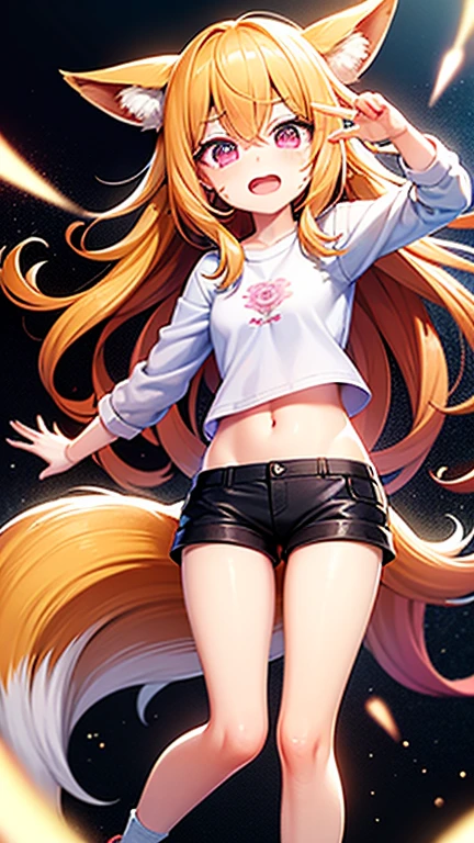 Hifh detail furry girl, with a loose top, long red hair with yellow streaks , wearing beannie knit cap, eyeballs shaped like cat eyes, wearing long black and orenge striped socks, wearing black soft tshirt, a fluffy big red panda tail, dynamic pose, loose tiny and short clothes, small body, stretching, happy face with open mouth with fangs, cool background