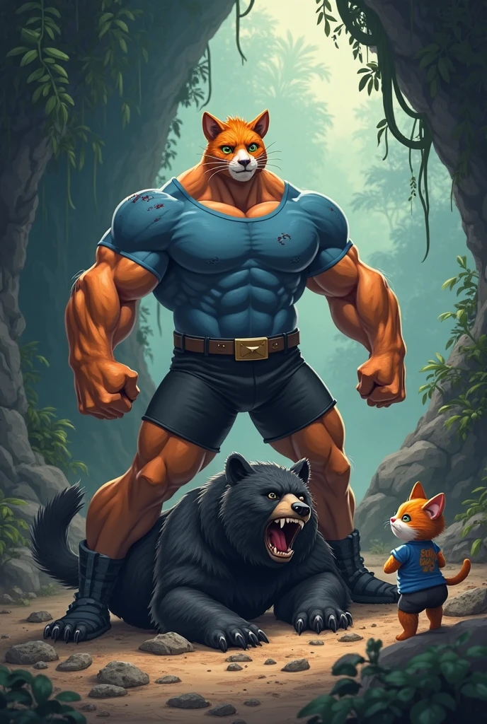 A highly detailed and exaggerated image of an anthropomorphic muscular brown tabby cat with human-like features, wearing red shorts. The dog is standing in a medieval, dungeon-like setting with stone walls and floors. The lighting is warm, with torches on the walls illuminating the scene. The dog has a powerful, bodybuilder physique with defined muscles, a confident stance, and a determined facial expression. There are smaller, less details dogs in the background, giving a sense of depth to the image.