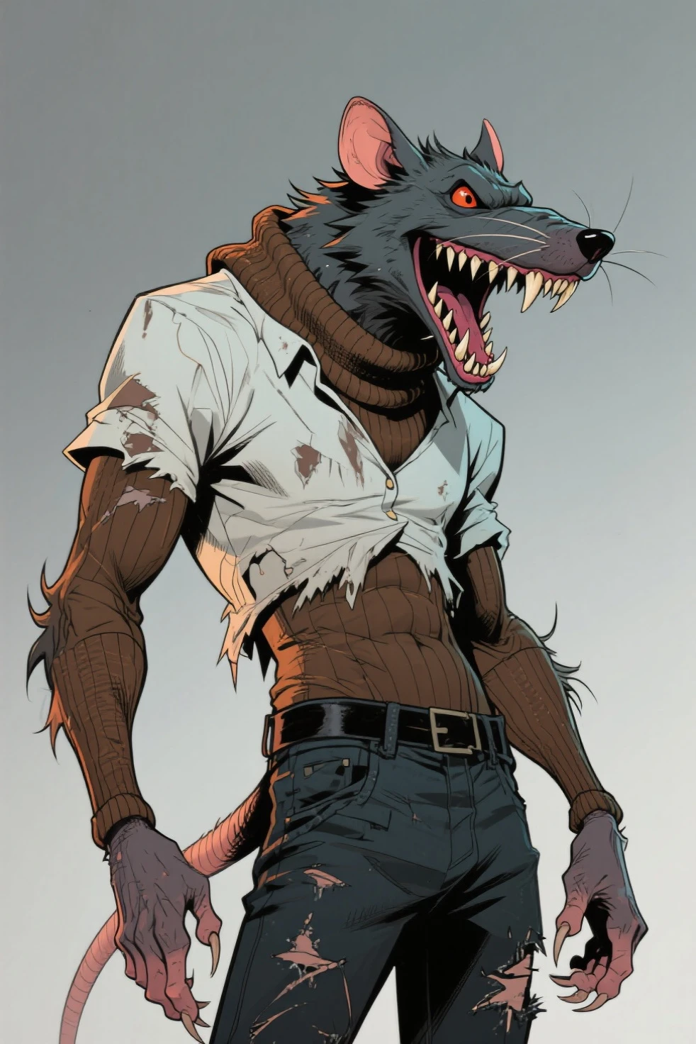 In the heart of the dense, moonlit forest, a shadowy figure prowled silently. Its hulking form moved with a predatory grace, muscles rippling under a coat of matted fur. Eyes glowed an eerie, malevolent red, piercing through the darkness like burning embers. A low growl rumbled from its chest, sending shivers down the spine of any who dared to listen. The air was thick with the scent of decay, as the creature's breath steamed in the cool night air. With claws sharp as daggers and teeth that gleamed like ivory, it was a nightmarish specter, hunting under the cover of darkness.