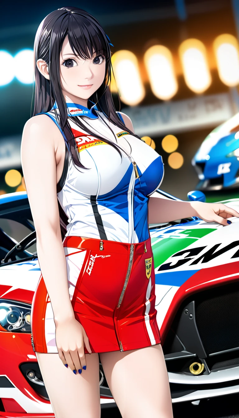 Hyūga Hinata, 1lady solo standing, /(grid girl/) clothes with logo, MILF Woman, /(dark blue hair/) bangs, blush kind smile, white eyes, (masterpiece best quality:1.2) delicate illustration ultra-detailed, large breasts, Her Clothes Cannot Cover Her large breast, BREAK /(racing circuit outdoors/), racing car audience, detailed background, Best Quality 32k HDR,