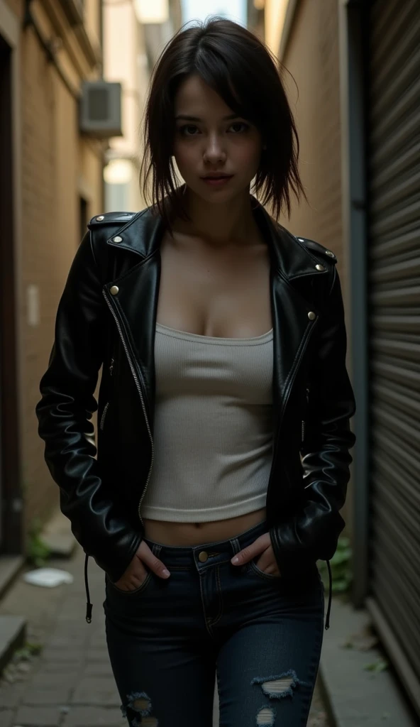 facing the camera head on, hyper detailed, realistic, sharp features, highly detailed, sharp focus, perfect face, perfect symmetrically perfect eyes, perfect full lips, flexible female form, cinematic, film light, hyper realistic, masterpiece, atmospheric, vibrant, dynamic natural lighting, nsfw, bokeh light background, Sexy face, Facial expressions when receiving pleasure, straight Bangs, blue Eyes, over size black jacket, freckles, full body shot, beautiful breasts, cleavage