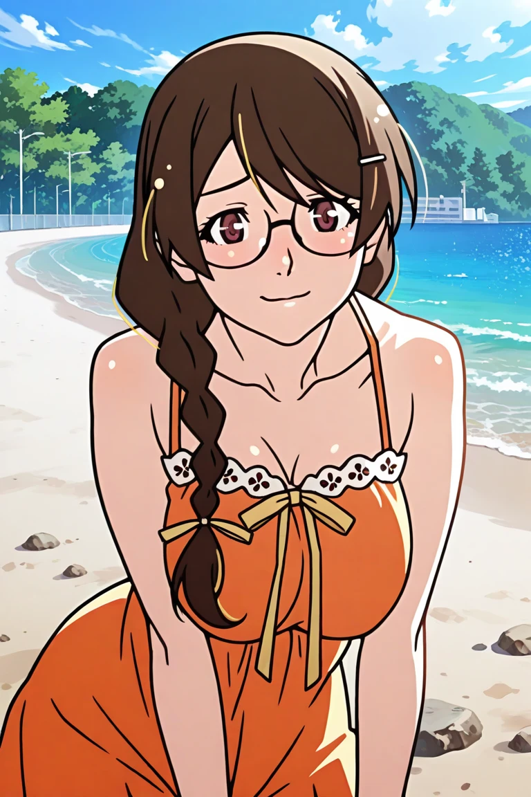 <lora:gbf_china_v1> 1girl, kousaka china, hairband, eyewear, looking at viewer, smile, blush, bikini skirt, beach, upper body, v arms