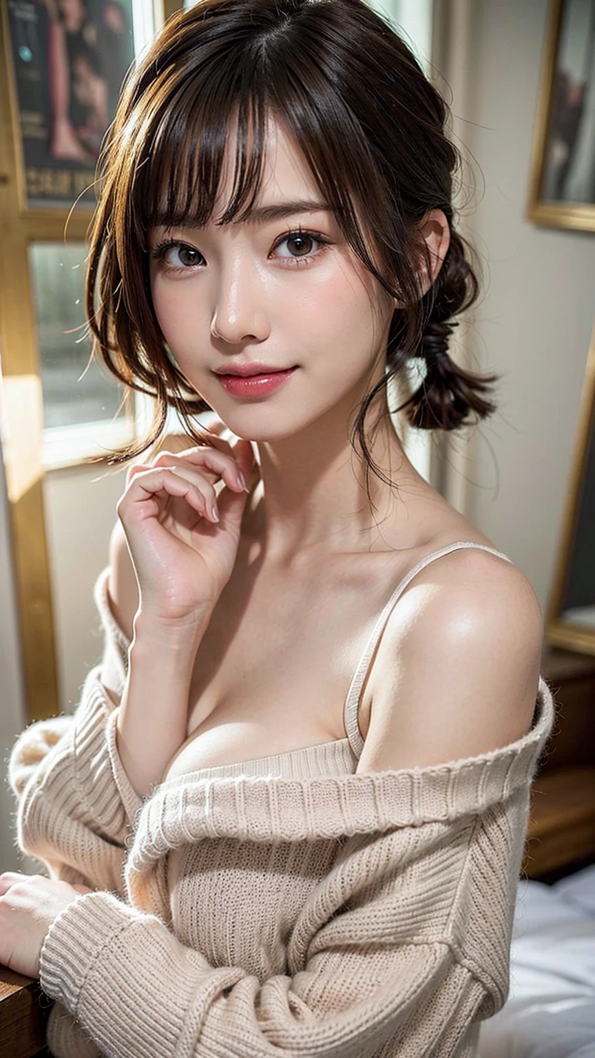 (masterpiece:1.3), (8K, Photorealistic, Raw photo, Best image quality: 1.4), Japanese schoolgirl、(Random Hairstyles:1.2)、Cleavage:1.2、Super detailed face、Attention to detail、double eyelid、Put your chest together、Sharp focus:1.2、Beautiful woman:1.4、Light brown hair、Highest quality、masterpiece、Ultra-high resolution、(Photorealistic:1.4)、Highly detailed and professionally lit smile、Loose, lightweight knitwear、Shoulder out、thin、Serious expression、Short-haired、Deadly position