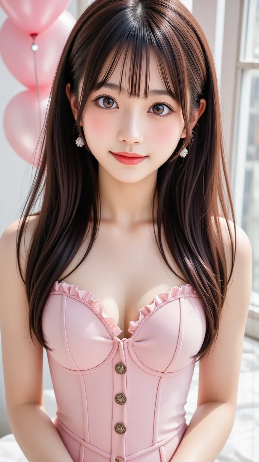{best quality}, {{masterpiece}}, {highres}, original, extremely detailed 8K wallpaper, {1girl}, {an extremely delicate and beautiful},wolf ear fluff,messy_hair,pink hair,wide-eyed,{wariza},ray tracing,arms behind back,{white_windbreaker},indoors,nervous,hair bow,thigh strap,hairband,large breast,
