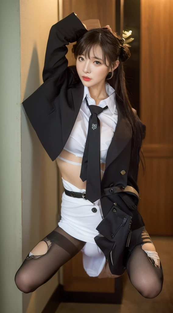 raw photo, dynamic pose, 1girl, pale skin, short messy hair, (small waist), (wide thigh gap:1.2, wide thighs:1.2), school uniform, white background, masterpiece