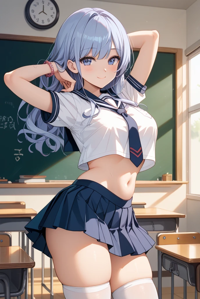 masterpiece, best quality,fuyusaka iori 1, 1girl, solo, hair flower, white shirt, short skirt, pleated skirt, black skirt, hair ornament, flower, long hair, full body, white socks, gray hair, white flower, gray eyes, looking at viewer, classroom background, middle breast, smile, shameful face, loafers, cowboy shot, arms behind head, adult, ecstasy face, cowboy shot, pussy, (standing at spread legs), (sexy figure), navel,
