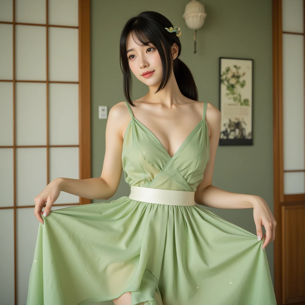 An Asian Chinese female model, (weather:night), (weather:rain), (background:street), (8K Ultra HD, Digital SLR Camera, Soft Light, high quality, Volumetric Lighting, frank, photo, high resolution, 4K, 8K, Bokeh), ((Create stunning images of real girls), warm light, Dynamic poses, Elegant Posture, Cowboy lens, Full body front view, From the front,Be confident, Body facing the camera, Standing facing the camera, Open your legs slightly, Golden Ratio Graphics, Minimalism), (Show a charming smile, Willow Leaf Eyebrows, big eyes, Apricot eye prick, Cherry Blossom, Balanced Eyes, Oval face, Pretty Face, Normal facial features, Skin is transparent and visible, Thin skin and tender meat, Slim body, cosmetic, earrings, bracelet, necklace, Jewelry, veil, Hair accessories), (Dark brown hair, Bangs, Wavy curly hairstyle, Waist-length hair, Messy Hairstyle, Gradient hairstyles, Cyberpunk hairstyle), ((Transparent clothes:1.5), (The color of the clothes:Spring green), Transparent nightdress, Mesh clothes, Fully transparent maxi dress, Lace sexy lingerie), (Sexy, Perfect breast shape, Teardrop chest shape, Snow-white breasts, very detailed breasts, 34E cup), (Super high waist clothes, Chest hollow,(Camel toe, High fork strangulation)), (Black socks, Sheer lace knee socks, 吊garter, Leg ring, garter, 腿部garter)