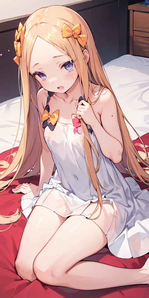((light golden hair)),((long hair with curls)),((With bangs)),(naked place decorated the body with a ribbon:1.25),(Beautifully lit room),((Feeling of fatigue and weakness)),((Perspective from below)),Slight red tide,(lying on the bed and showing off his chest),(Small breasts:1.25),((bed covered with red and white roses)),(Yodare),(Open your mouth a little and show me your tongue),((Buttocks close-up)),((Cleavage that looks modest)),NSFW,(bulk condom:1.35).