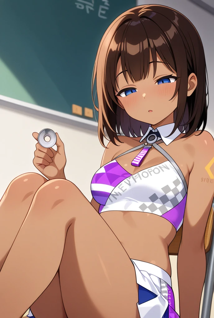 light gray green eyes, Hair tied in a ponytail, brown hair color, average breast size, green headphones with cat ears, naked, looks embarrassed, peeing under himself, legs spread wide, masturbates himself