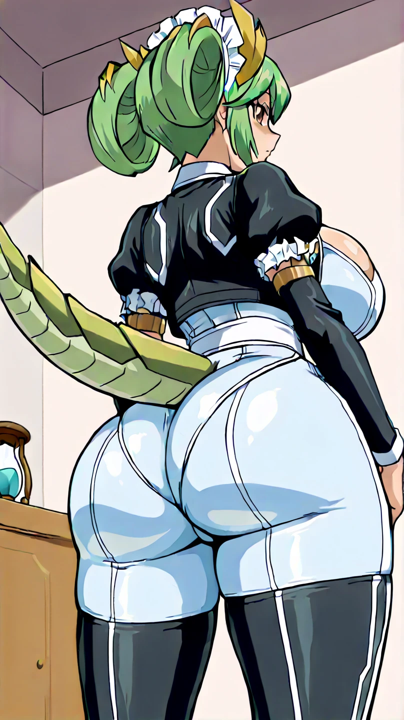 Tira, soulcalibur lll tight outfit, aheago, sexy waistline, medium breasts, back of view, skin tight, looking behind, ass cheeks, thong, sitting split/pose, pp underneath her
