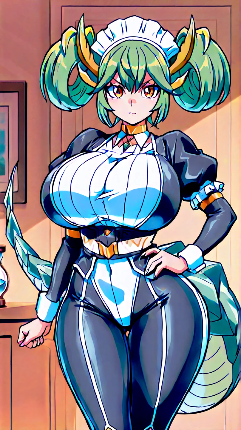 One Woman、Braided twin tails、Huge breasts、（Huge breasts：1.8)、Glasses、blue eyes、Green Hair、Cute anime face、Noise Reduction、Maid、和風Maid、Black leotard、Full body portrait、A tight leotard、Liu Erdao、Sandals、blue eyes、Black long tights、A kind smile、White kimono、T-back that digs into your ass、Accentuate your butt