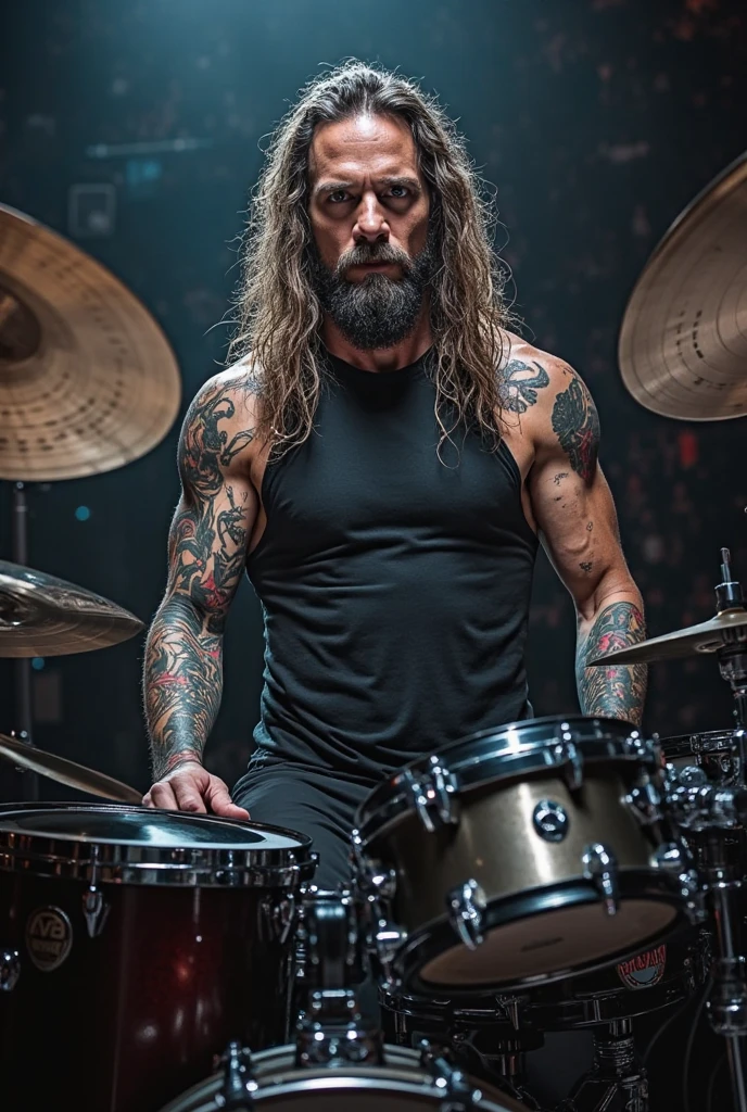 肌肉男,blonde 35 years old dark blonde beard playing black guitar ,shiny muscles, Well defined demonic look fire on back ,arte ultra realista