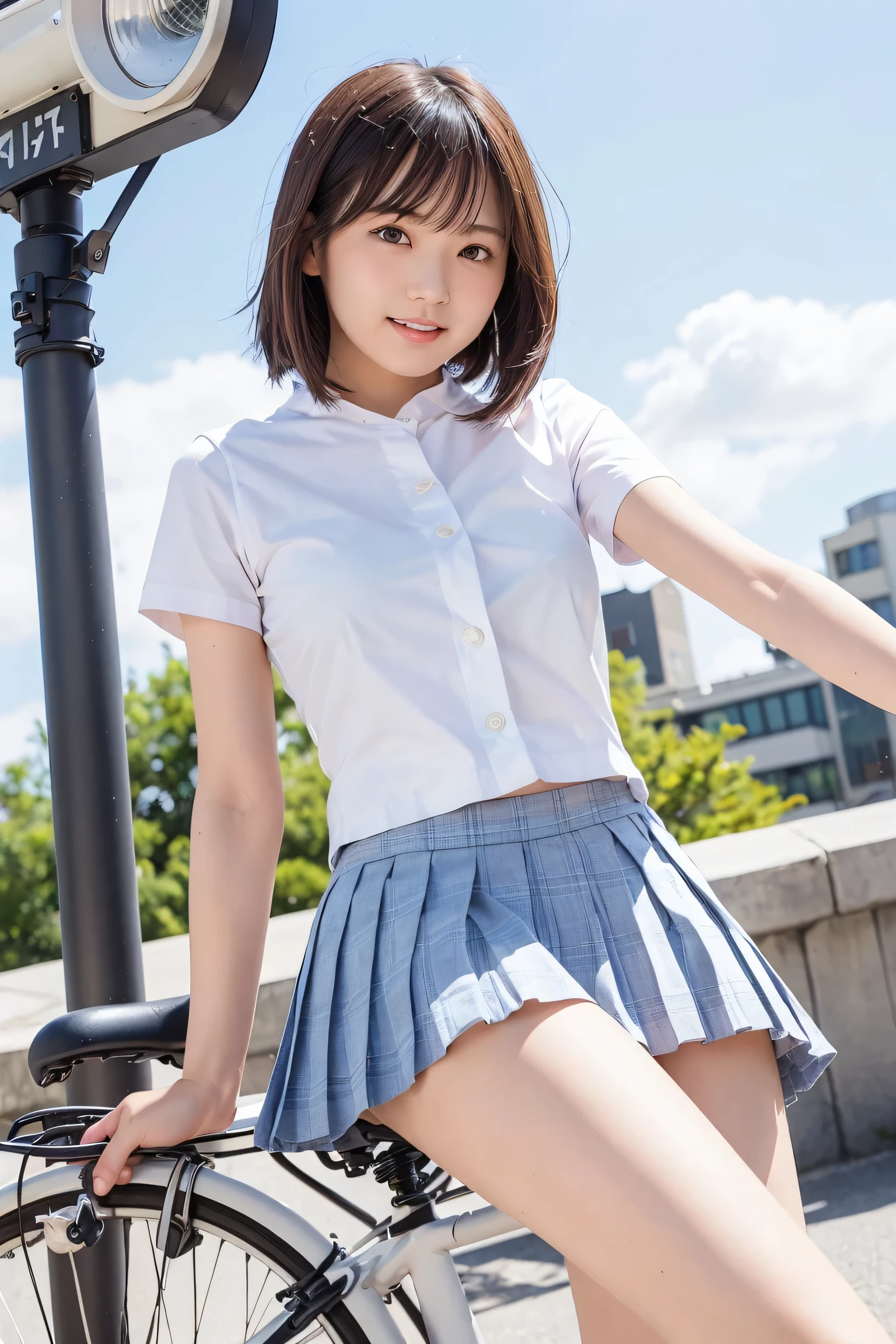 It's photorealistic, high resolution, 1 woman, Hips up high illustration enlargement、beautiful eyes, ring eyes, Brown Short Hair ,High School Uniform、white shirt, No skirt、short tie,blue underwear,Crouching, spread legs,camel's toe