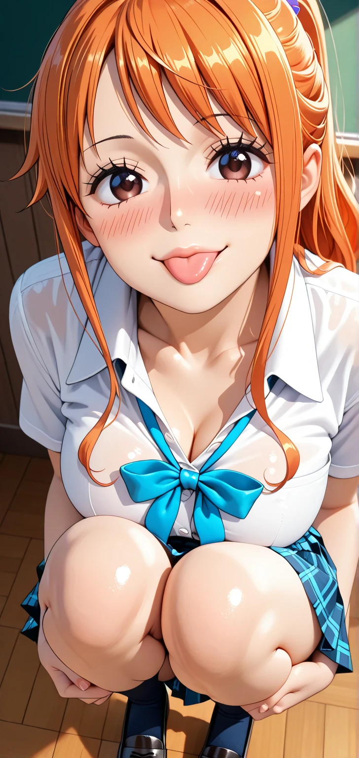 Highly aroused face, 11yo woman, Bun Hair, Orange Hair,nsfw,Bewitching Smile,Sexy pose, Sex with a man, riding normal penis, small breasted girl, white See-through blouse, little breasts
