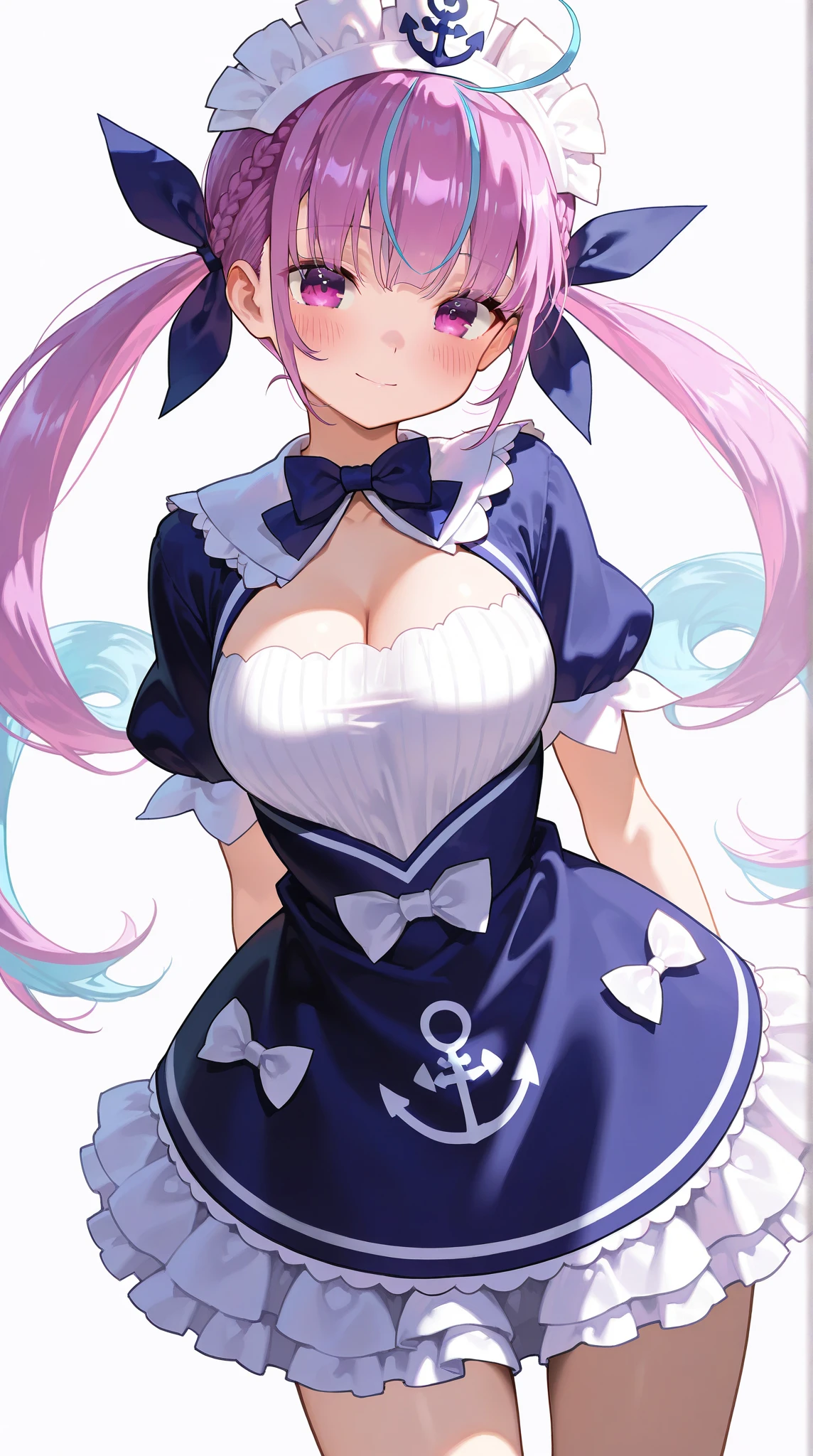 (Ultra-high resolution,masterpiece, Attention to detail, Highest quality), 8K,(aaaqua, twintails, drill hair, maid headdress, cleavage, short sleeves, wrist cuffs),(Blessed,Captivating body、Ultra-detailed skin、Super beautiful eyes、Detailed Background),One girl, (breasts_on_Glass,breast press, against Glass, hands on Glass:1.3),window fog, embarrassed, (white background:1.7), (from front:1.3),Perfect five-finger, big breasts