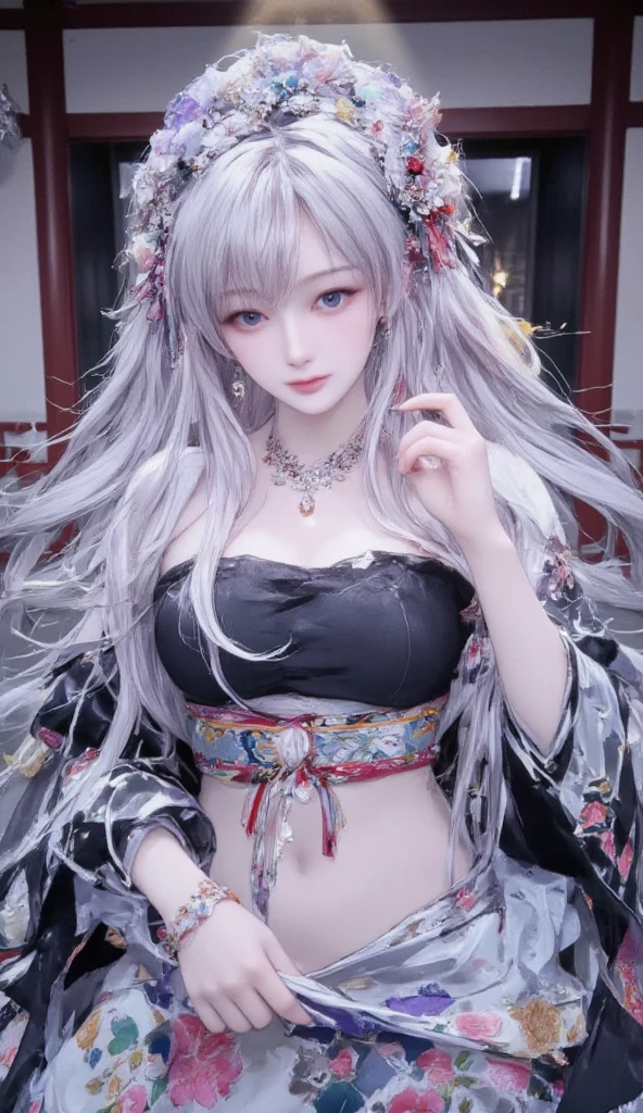 The upper part of the body、one girls、i have silver hair color、Two-tone、Bun hair、Curly hair,floral headband、very Bigger breasts、Luxury kimono、Floral Bra、Angle looking down from above,