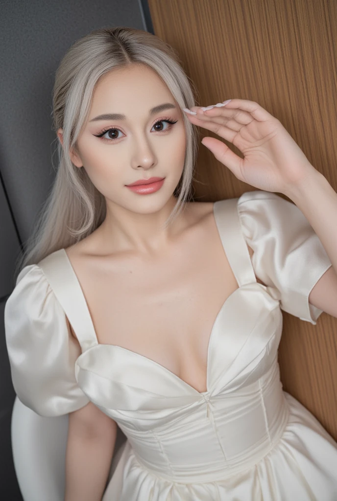 1 girl,8k, masterpiece,on bed, small Diamond necklace,white and gold sexy wedding dress,cleavage of the breast,Medium breasts,White skin glows,look at viewer,long white hair