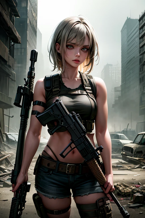 ((Highest quality))、((masterpiece))、(detailed)、((Anatomically correct))、(High resolution、8k)、(Beautiful Skin:1.1)、One woman、(Beautiful eyes:1.2)、(Assault rifle)、(Assault rifleを構える:1.3)、Splattering cartridge cases、Blonde、ponytail、Black short tank top、Erect nipples、Belly button、Black hot pants、Gunfight、Urban Warfare