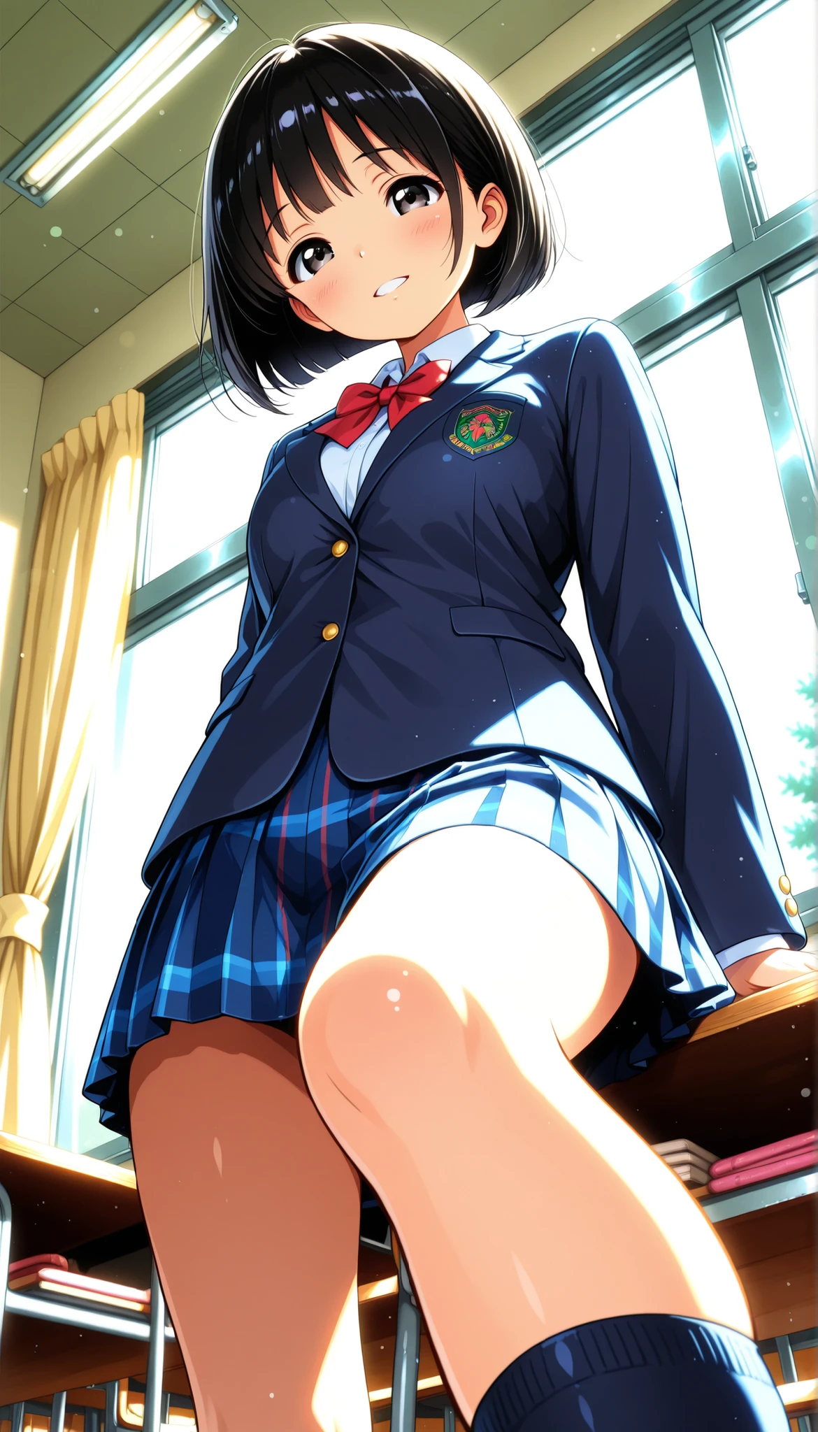 High Quality,4K,8K,real,フォトrealな,Like a painting,hyper-detailed,wearing a professional,Vivid Color,Bokeh,School building , 18 year old,cute,tareme,black haired short bob,wearing a school blazer uniform,stares at the viewer, from below, torogao, Face Closeup, Expressive,natural standing position,Everyday school scene,classroom, Elegant,anime style,Digital art, early morning, Light Shining Through Window,