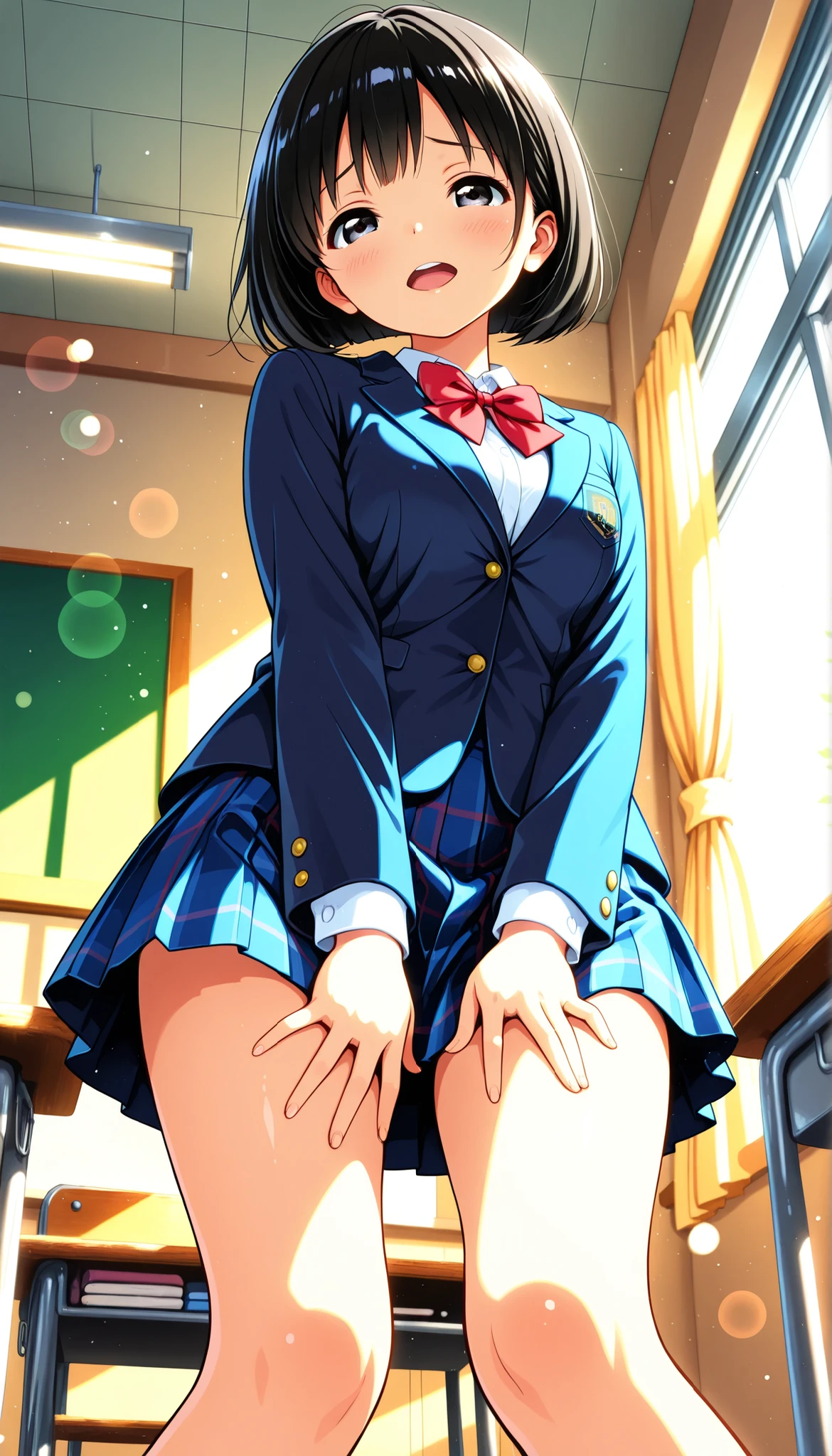 High Quality,4K,8K,real,フォトrealな,Like a painting,hyper-detailed,wearing a professional,Vivid Color,Bokeh,School building , 18 year old,cute,tareme,black haired short bob,wearing a school blazer uniform,stares at the viewer, from below, torogao, Face Closeup, Lift your legs, Expressive,natural standing position,Everyday school scene,classroom, Elegant,anime style,Digital art, early morning, Light Shining Through Window,