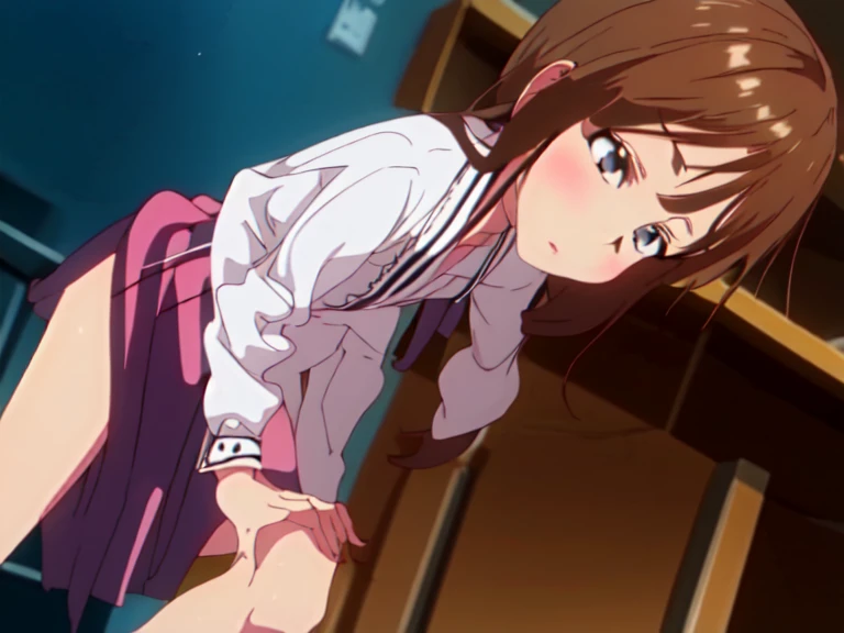 1girl, blue school outfit, torn printed panties, bare ass, hanging up, surprised, green eyes, brown hair, forest background, bite marks on ass, (bitten by brown wolf)