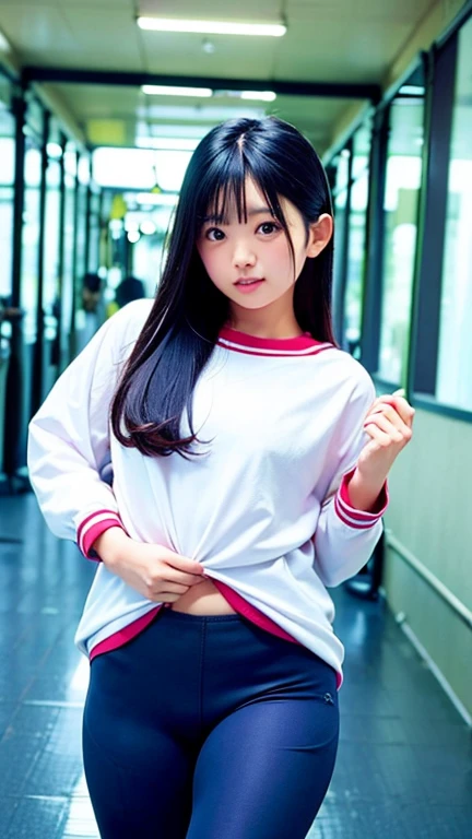 Best-quality, Masterpiece, Ultra-High-Resolution, (Photorealistic:1.4), Raw-Photo, from below, 1girl, the most famous Japanese idol, (leaning forward), wearing only track and field uniform with loose-style, extremely beautiful thighs, extremely beautiful hip, (extremely cute face, ((extremely cute big-black-eyes)), extremely cute hairstyle, extremely cute eyelashes, extremely cute lips, (extremely beautiful skins)), innocent-smile, extremely beautiful short-body