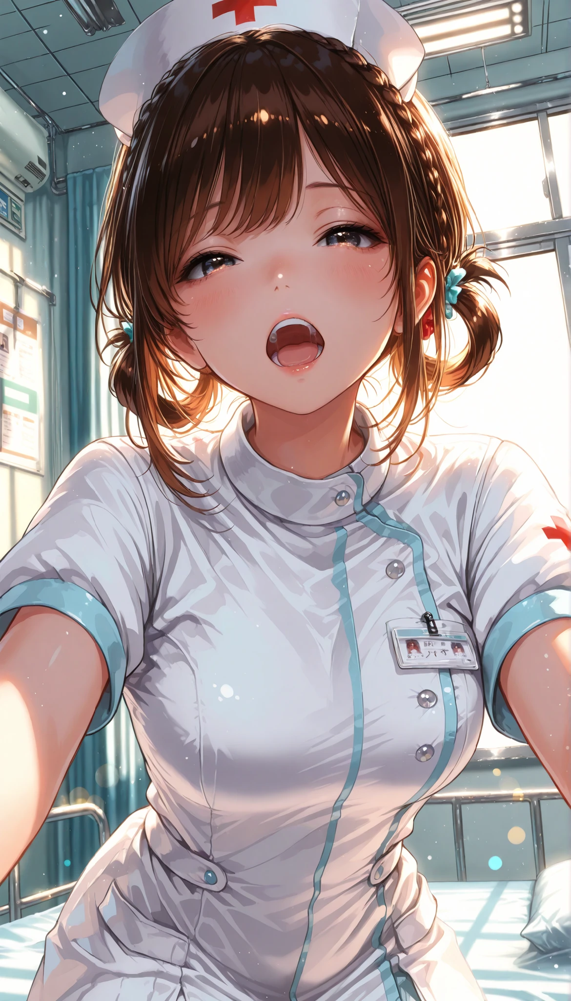 High Quality,4K,8K,real,フォトrealな,Like a painting,hyper-detailed,wearing a professional,Pale colors,Bokeh,清潔なHospital room, 18 year old,cute,brown hair, Crown braid, hair rings, nurse uniform,stares at the viewer, Face Closeup, Laughter, open your mouth, Expressive,natural standing position,Hospital everyday scene,Hospital room, Elegant, I'm wearing a CG illustration style,Digital art, Glowing Contours, early morning, Light Shining Through Window, 