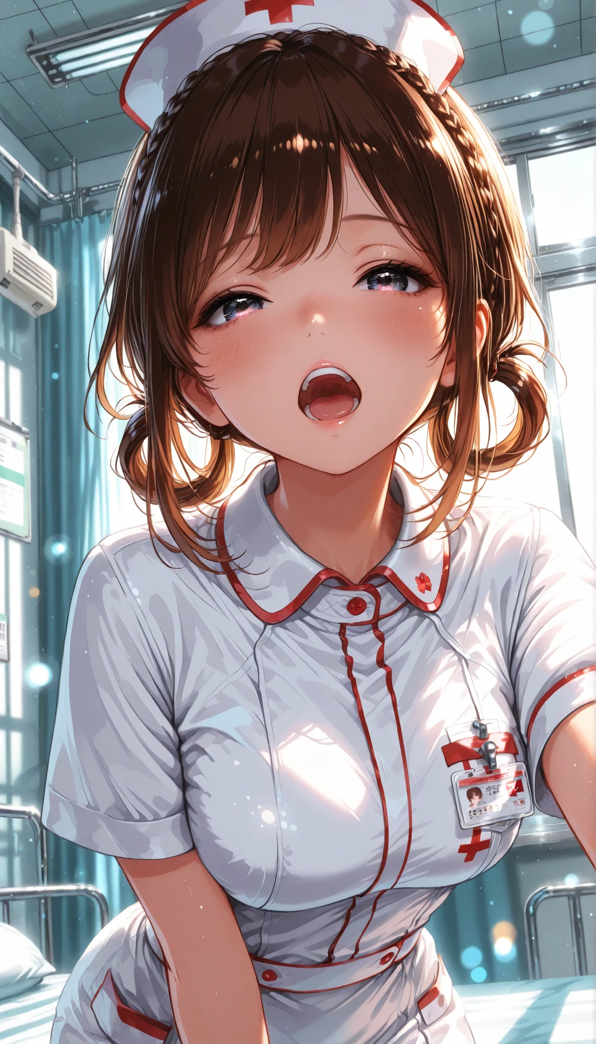 High Quality,4K,8K,real,フォトrealな,Like a painting,hyper-detailed,wearing a professional,Pale colors,Bokeh,清潔なHospital room, 18 year old,cute,brown hair, Crown braid, hair rings, nurse uniform,stares at the viewer, Face Closeup, Laughter, open your mouth, Expressive,natural standing position,Hospital everyday scene,Hospital room, Elegant, I'm wearing a CG illustration style,Digital art, Glowing Contours, early morning, Light Shining Through Window,