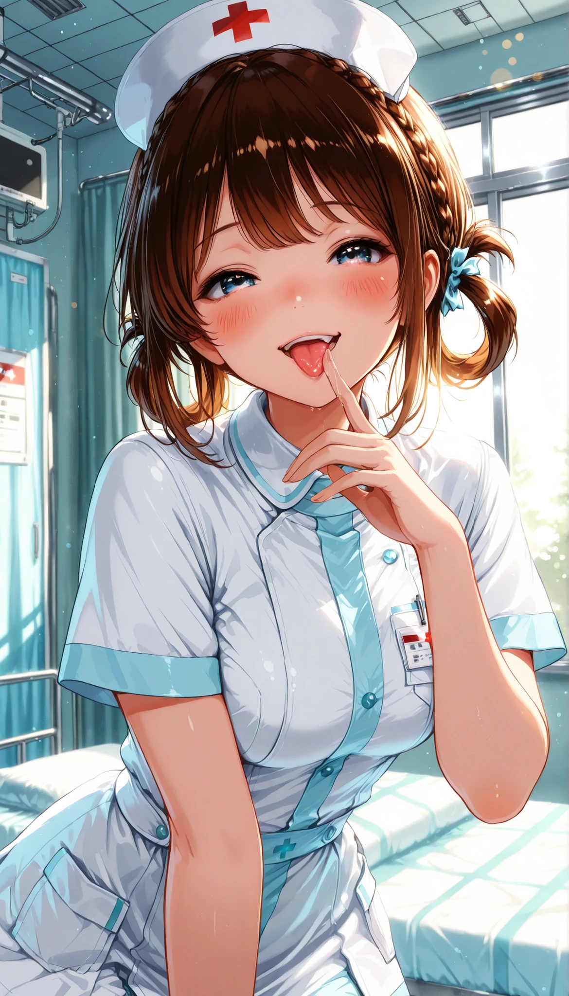 High Quality,4K,8K,real,フォトrealな,Like a painting,hyper-detailed,wearing a professional,Pale colors,Bokeh,清潔なHospital room, 18 year old,cute,brown hair, Crown braid, hair rings, nurse uniform,stares at the viewer, Face Closeup, Blush, smiling, Licking fingers, Expressive,natural standing position,Hospital everyday scene,Hospital room, Elegant, I'm wearing a CG illustration style,Digital art, Glowing Contours, early morning, Light Shining Through Window,