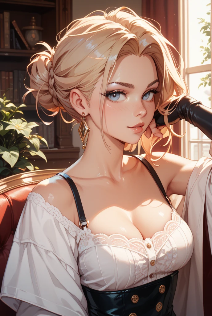 (extremely detailed CG octane render 8k wallpaper), (4k textures), 1girl, solo, masterpiece best quality, 26 year old Scandinavian woman, Short blonde hair, bun-like hairstyle, bright blue eyes, pale skin, large breasts, tight blue dress, corset, off shoulder, cleavage, silver tiara, white stash, a Full Shot body portrait, looking at the camera, full dynamic color, Intricate, High Detail, Sharp focus, dramatic, photorealistic painting art by greg rutkowski