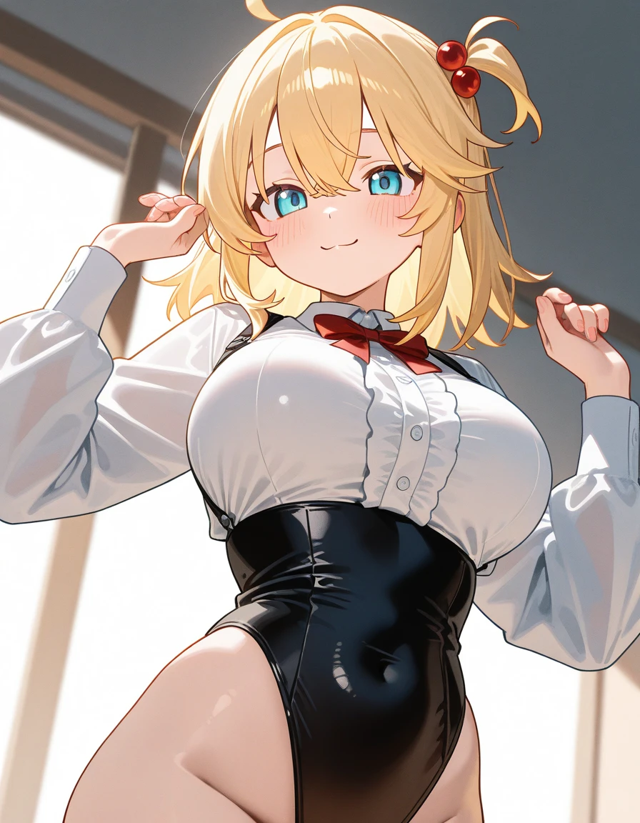 1girl in, Parted lips, blush, makeup, lightsmile, Full body, Wide Angle, From above, llight rays, Glow, thighs thighs thighs thighs, 鎖骨, Narrow waist, (masutepiece), (Wearing a bunny costume:1.3)、Black costume、Colossal tits、a wet body、full of sweat、Fold your hands behind your head、Raise your arms to show your armpits、Bright blonde hair、short cut hair、Bedrooms、cum shots、Putting a condom in your mouth、squatting and opening legs