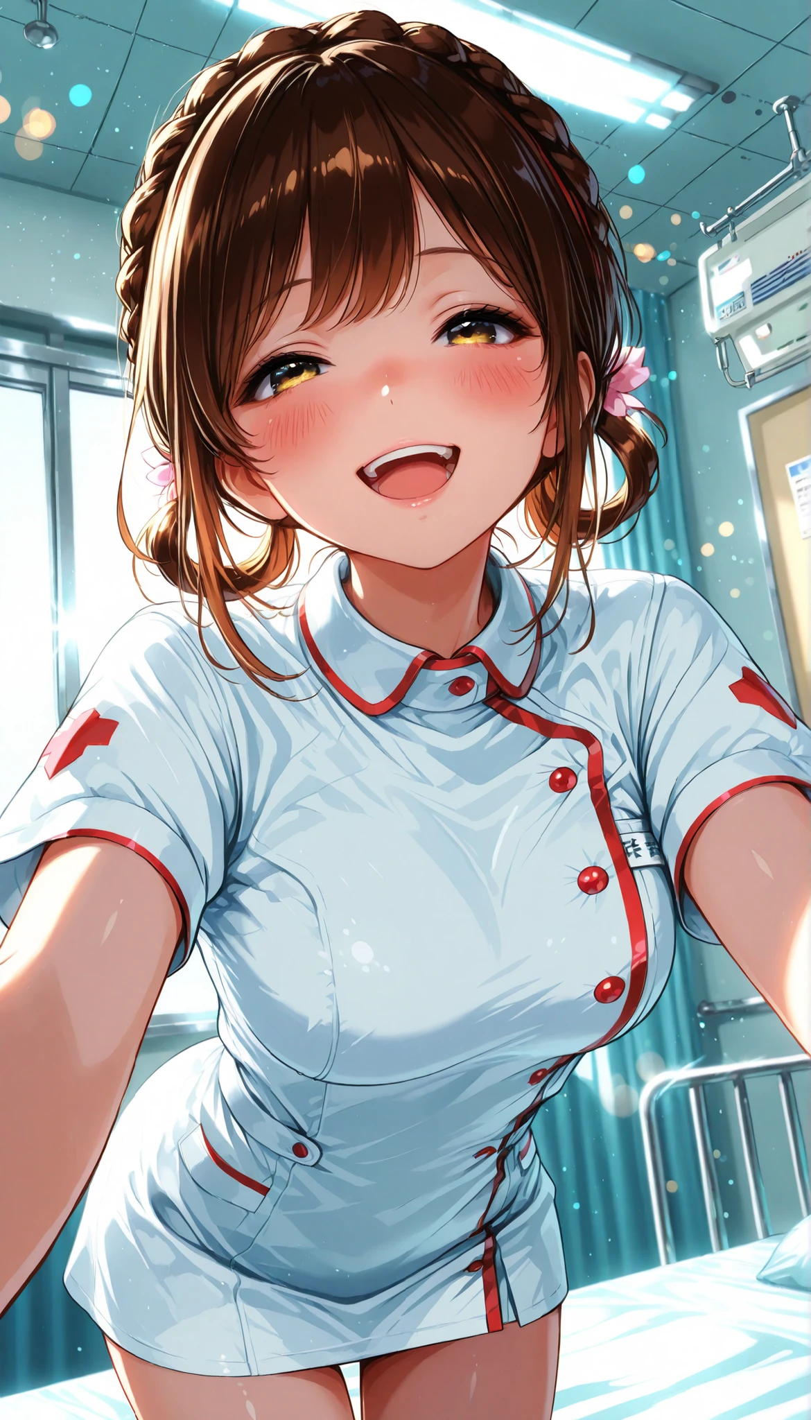 High Quality,4K,8K,real,フォトrealな,Like a painting,hyper-detailed,wearing a professional,Pale colors,Bokeh,清潔なHospital room, 18 year old,cute,brown hair, Crown braid, hair rings, nurse uniform,stares at the viewer, Face Closeup, Blush, smiling, open your mouth, Expressive,natural standing position,Hospital everyday scene,Hospital room, Elegant, I'm wearing a CG illustration style,Digital art, Glowing Contours, early morning, Light Shining Through Window,