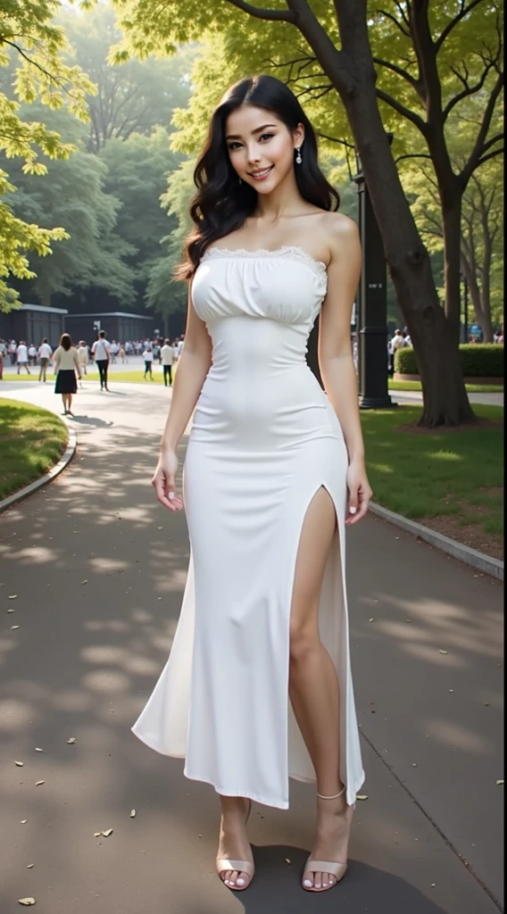 "((masterpiece)), best quality, sensual Victorian dress, happy and elegant Lauren Jauregui walking through a vibrant city, wide shot, exciting scenery in the background, golden light, soft shadows."