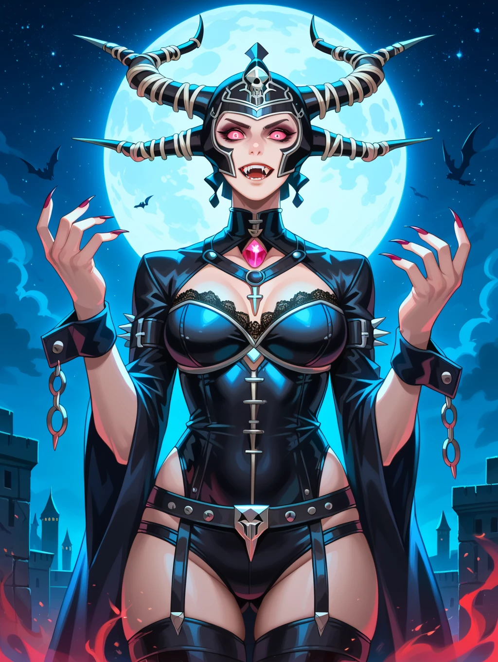 Isabella, glowing blue eyes, large breasts, (pale skin), (vampire) (fangs), thighs, ((perfect face)), <lora:Isabella:0.7>, (masterpiece:1.2, best quality:1.2, beautiful, high quality, highres:1.1, aesthetic), detailed, extremely detailed, ambient soft lighting, 4K, perfect lighting, ((fishnet top:1.3), <lora:fishnet_top by goofy ai:1.0>, nipples, thong, fishnet thighhighs)