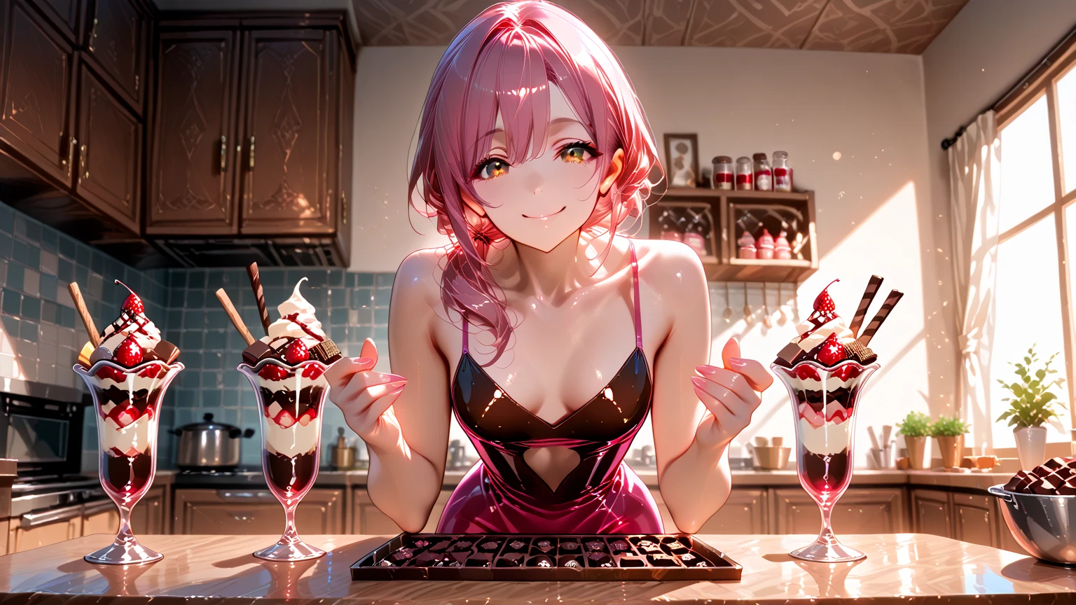 anime girl in a kitchen with a cupcake and a bottle of milk, seductive anime girl, extremely detailed artgerm, beautiful alluring anime woman, anime girl drinks energy drink, ig model | artgerm, , anime food, [ 4 k digital art ]!!, attractive anime girl, in the kitchen, anime girl, a human-like juicy peach
