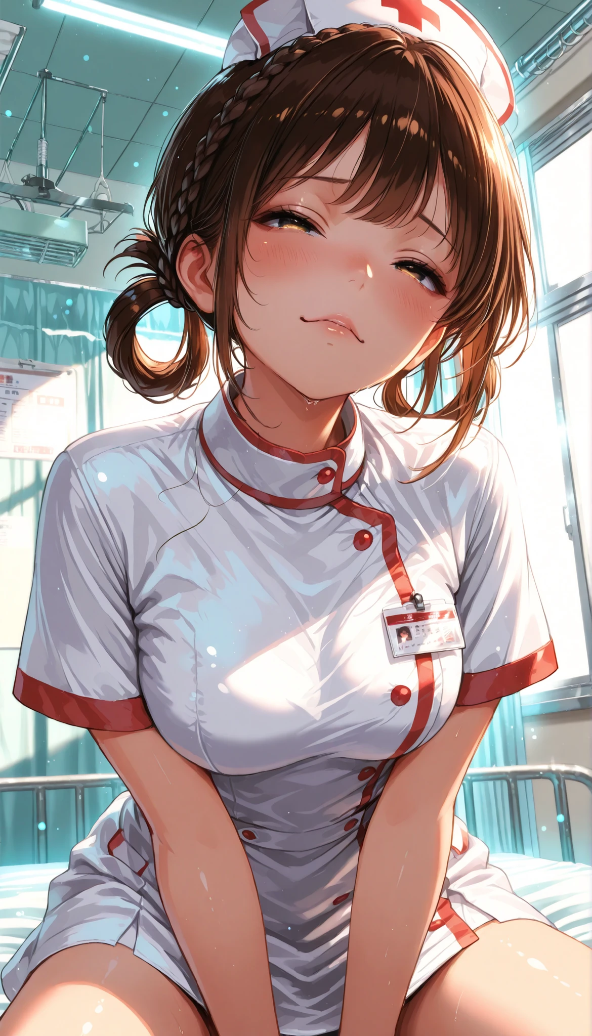 High Quality,4K,8K,real,フォトrealな,Like a painting,hyper-detailed,wearing a professional,Pale colors,Bokeh,清潔なHospital room, 18 year old,cute,brown hair, Crown braid, hair rings, nurse uniform,stares at the viewer, Face Closeup, Rejection, Reluctantly, torogao, Expressive,natural standing position, sit on the bed, Hospital everyday scene,Hospital room, Elegant, I'm wearing a CG illustration style,Digital art, Glowing Contours, early morning, Light Shining Through Window, 