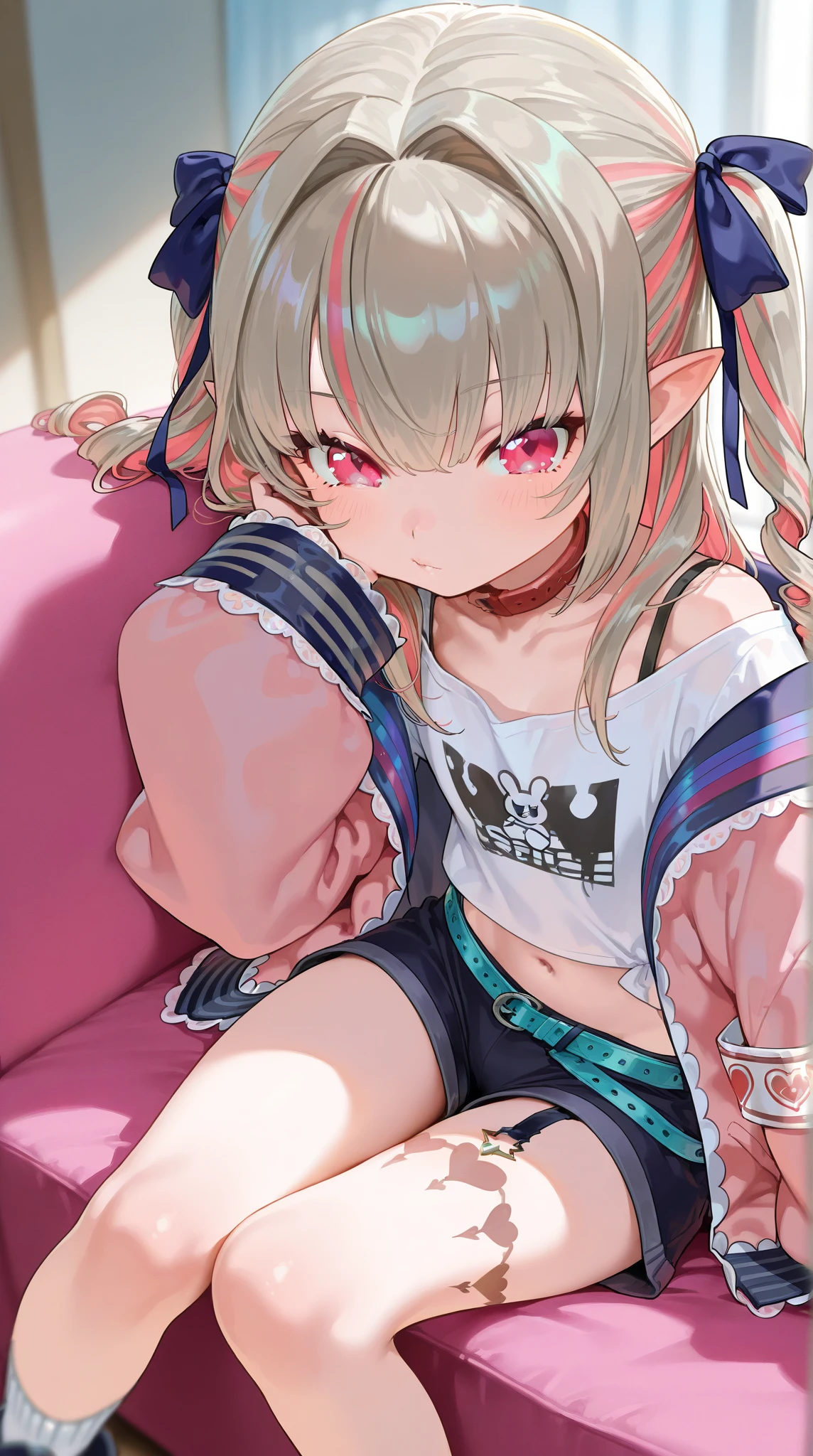 ASCII 8K,score_9,score_8_up,score_7_up,score_6_up,masterpiece,perfect anatomy,source anime,1girl,mesugaki,naked,a girl,(child), body shape,flabby,flat chest, body shape,childish gyaru,extremely pretty face,beautiful face,ultra-detaild face,cute face,ultra-detailed eyes,round eyes,big eyes,jitome,evil smile,thin legs,licking,tongue,open mouth,skin fang,Collarbone,Choker,happy,smooth,twin_tails,((SFW)),pink shirt,white Sports Bra,bracelet,shorts,spread_legs,bare_shoulders,blush,bra,cleavage,collarbone,fellatio_gesture,garter_belt,hand_up,looking_at_viewer,naughty_face,navel,oral_invitation,panties,sexually_suggestive,smile,spread_legs,tongue,tongue_out,upper_teeth_only,pussy,smile,view from the top,blush,panties down,takes off her panties,striptize,squatting,sweating,perfect fingers,