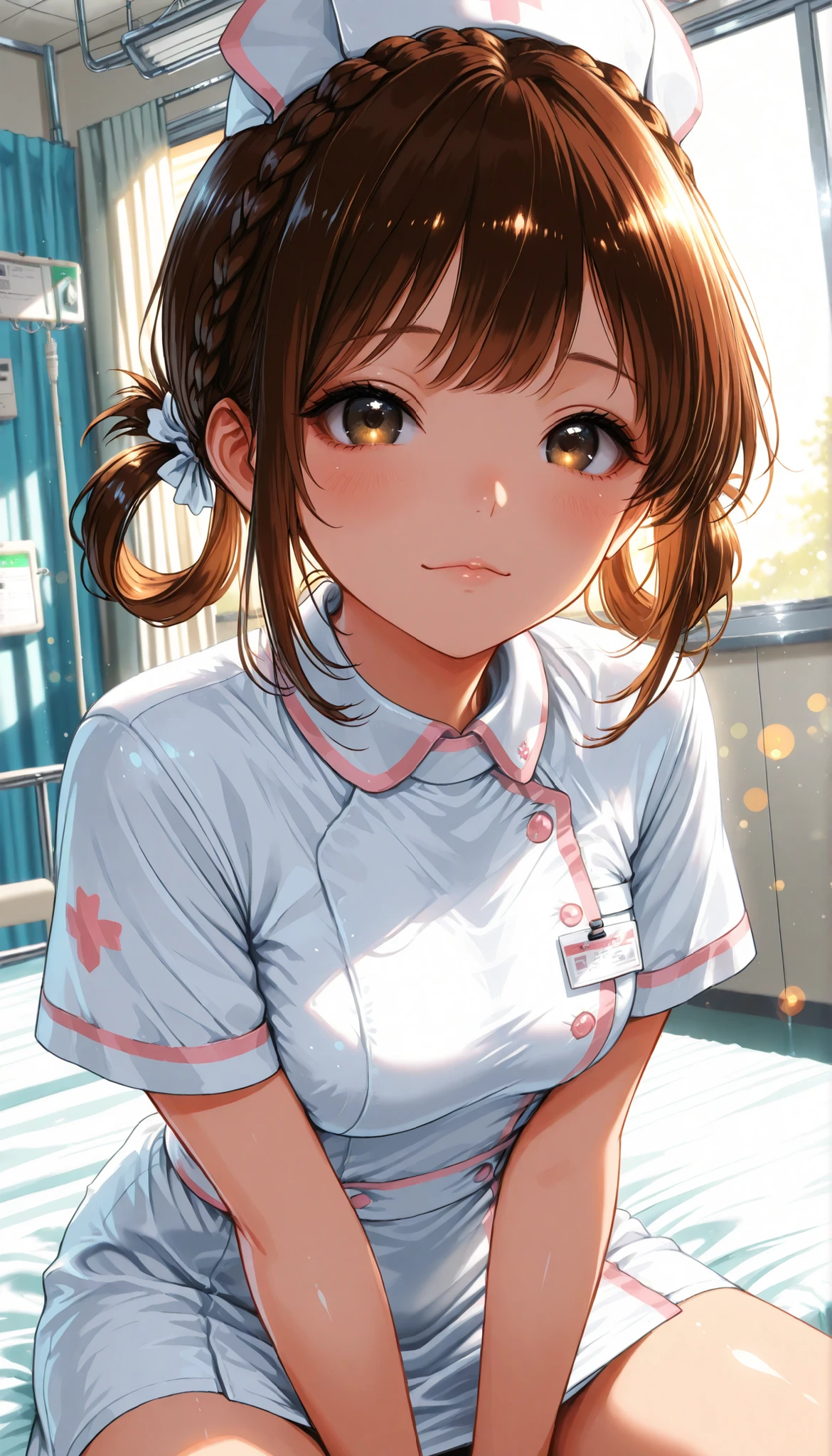 High Quality,4K,8K,real,フォトrealな,Like a painting,hyper-detailed,wearing a professional,Pale colors,Bokeh,清潔なHospital room, 18 year old,cute,brown hair, Crown braid, hair rings, nurse uniform,stares at the viewer, Face Closeup, ah can be, Expressive,natural standing position, sit on the bed, Hospital everyday scene,Hospital room, Elegant, I'm wearing a CG illustration style,Digital art, Glowing Contours, early morning, Light Shining Through Window,