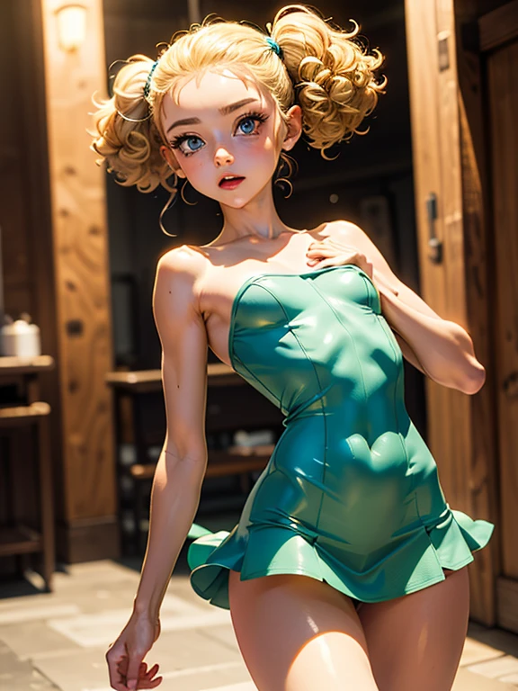 A girl with the body of a flower with long stems of and pink flowers on her head and leaves and wearing a green lèotard dancing with a Honey bee