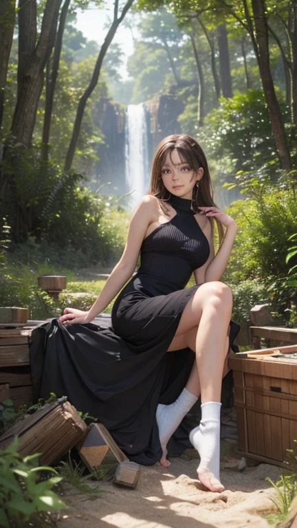 (best quality:1.5), (masterpiece:1.5), full body, very detailed, high resolution, 8k, cute Japanese woman, cute 27 year old beauty, (medium breasts), thin lips, detailed face, Beautiful and elegant face, cute face, natural bangs, arched eyebrows, well-groomed eyebrows, (big eyes with a good balance between the left and right sides), cute eyes, beautiful eyes, beautiful thin nose, beautiful face line, (beautiful skin), medium Hair, (natural bangs), (looking at the camera with a Gentle smile), beautiful legs, smooth skin skin, fair skin, (Slender body:1.5), (Natural Light:0.8), (lighting forward:0.8), (lighting front:0.8), (Flat lighting:0.8), Gentle smile, Detailed fingers, beautiful hands, Beautiful cleavage, Kneeling,