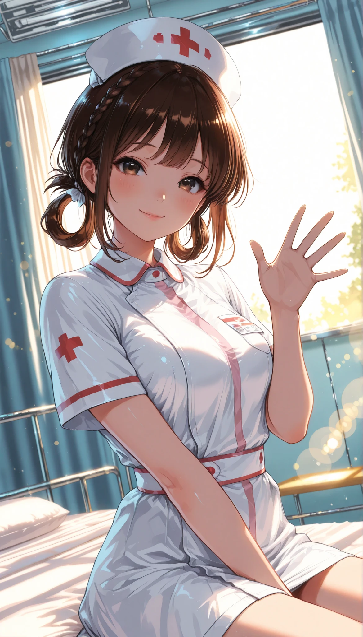 High Quality,4K,8K,real,フォトrealな,Like a painting,hyper-detailed,wearing a professional,Pale colors,Bokeh,清潔なHospital room, 18 year old,cute,brown hair, Crown braid, hair rings, nurse uniform,stares at the viewer, Face Closeup, Smile Yan,  hand waving pose, Expressive,natural standing position, sit on the bed, Hospital everyday scene,Hospital room, Elegant, I'm wearing a CG illustration style,Digital art, Glowing Contours, early morning, Light Shining Through Window, 