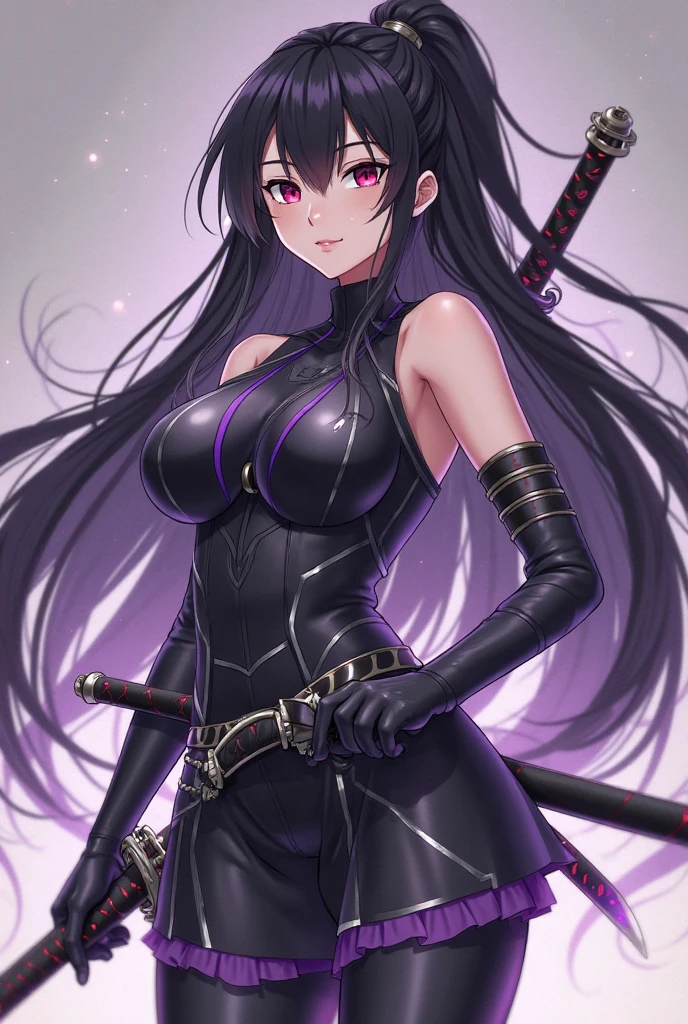 A girl with lazy really long black hair covering her right eye, sharp purple eyes, a muscularly lean body with strong forearms, wearing a black suit with a long black skirt, black thights, black gloves and violet jewelry and black chains, carrying a purple katana. Assassin in an urban city. Thick muscular thighs